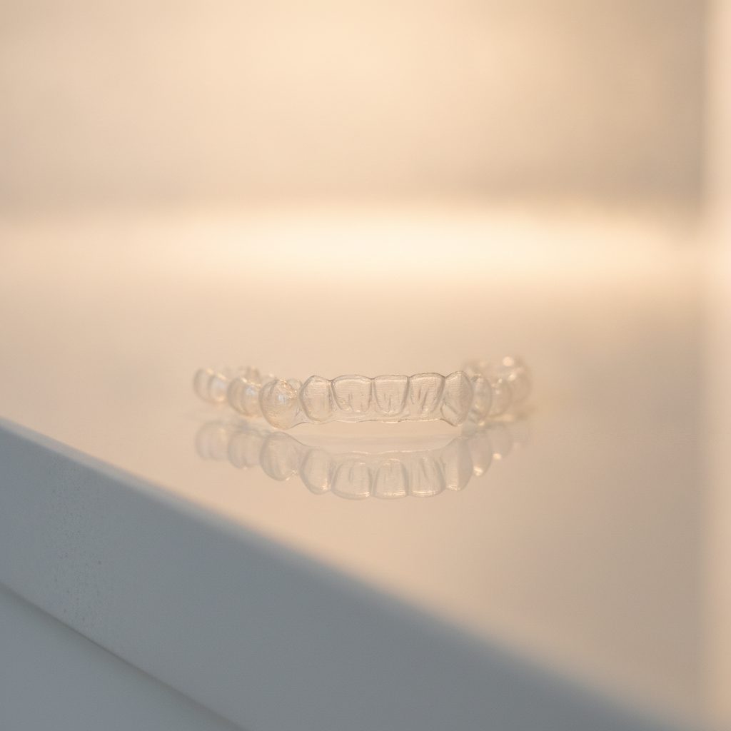 Clear dental aligner tray on a clean reflective surface